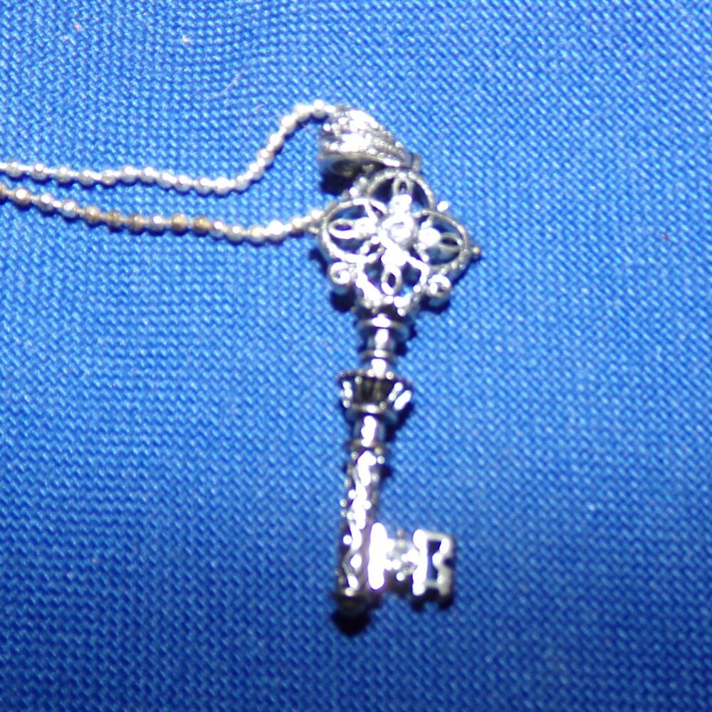 Vintage Skeleton Key to My Heart Happiness Austrian Crystal Pendant Necklace
